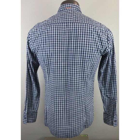 Mens Hugo Boss Button Front Dress Shirt Size L Slim Blue Check Orange Label - Picture 2 of 12